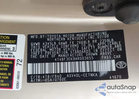 2010 Toyota Camry Le z USA, uszkodzony, nr VIN 4T4BF3EK9AR003655